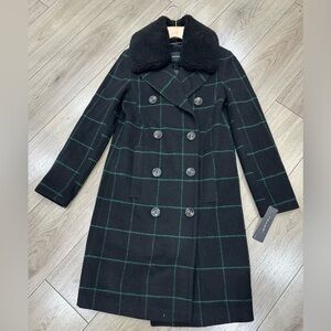 Tahari Black and Green Plaid Trench Coat